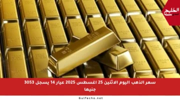 سعر الذهب اليوم الاثنين 25 أغسطس 2025 عيار 14 يسجل 3053 جنيها